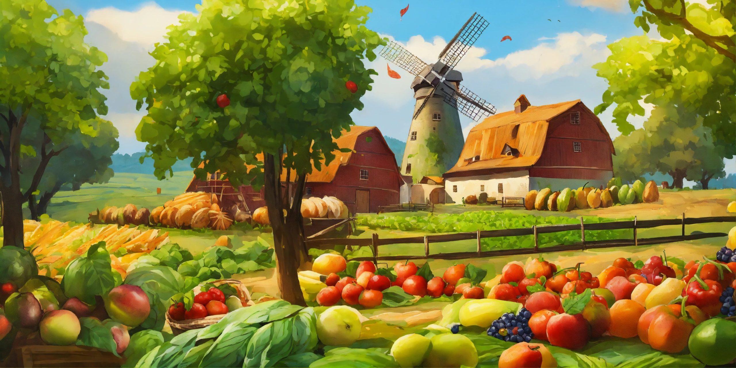 Windy Countryside Farm With Fruits And Vegetables